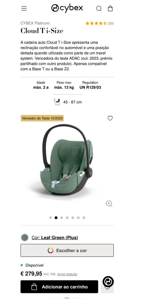 cadeira auto Cloud T i-Size green - c/GARANTIA