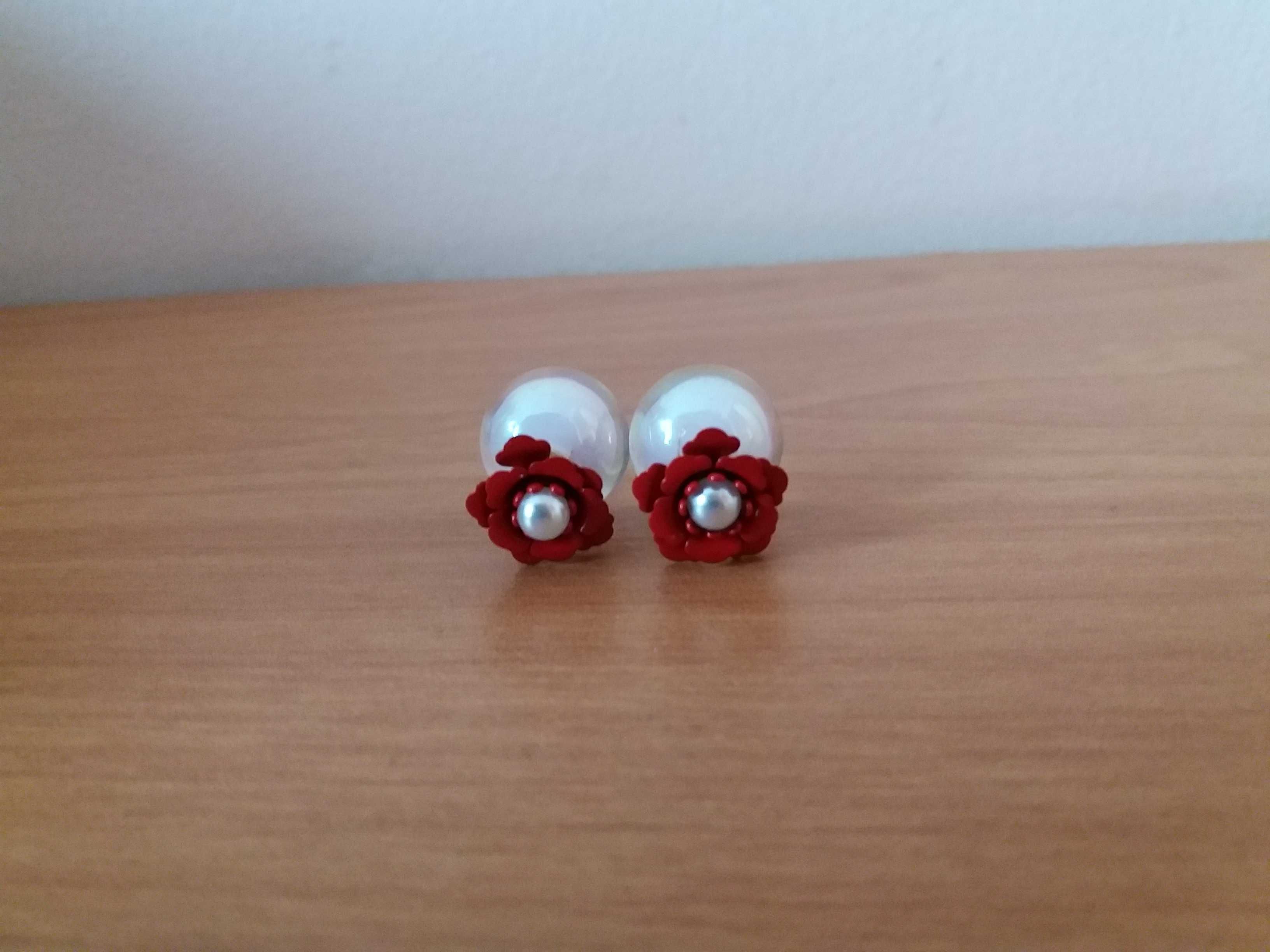 Nowe podwójne kolczyki czerwone kwiatki perły 15mm