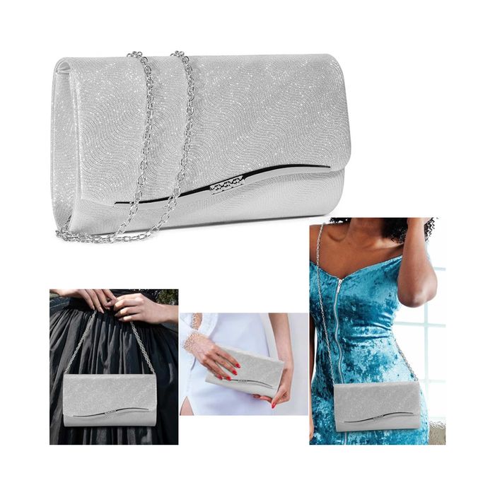 Kopertówka UBAYMAX Wieczorowa Damska Błyszcząca Z Łańcuszkiem Srebrny