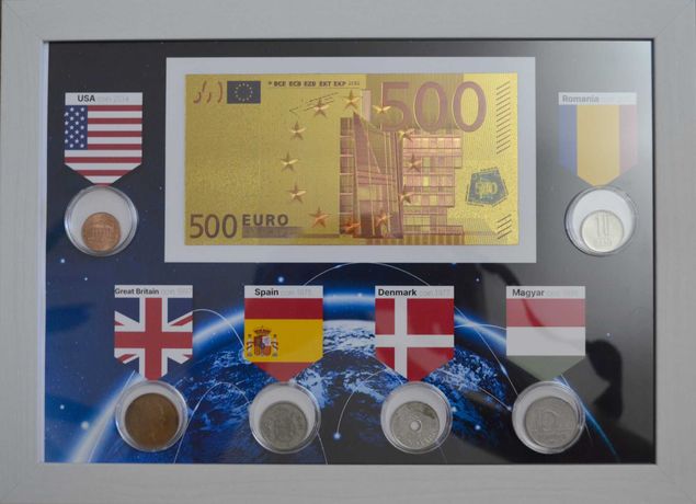 Подарунок, сувенір Монети світу та 500 євро покрите сусальним золотом