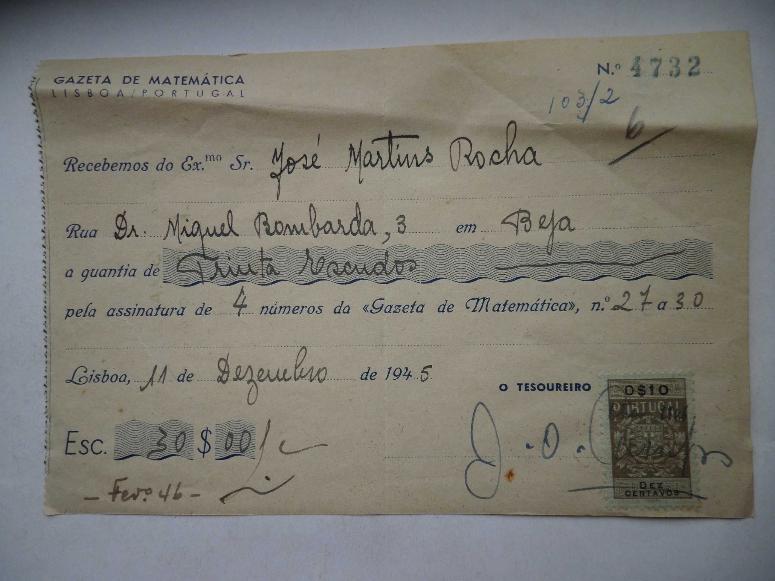 Recibo Selado  'Gazeta de Matemática' , ano  1945