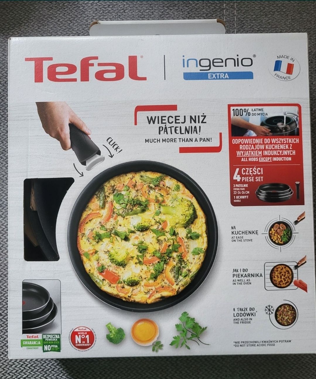 Nowy Tefal Ingenio Zestaw 3 Patelni i 3 garnków+2 rączki