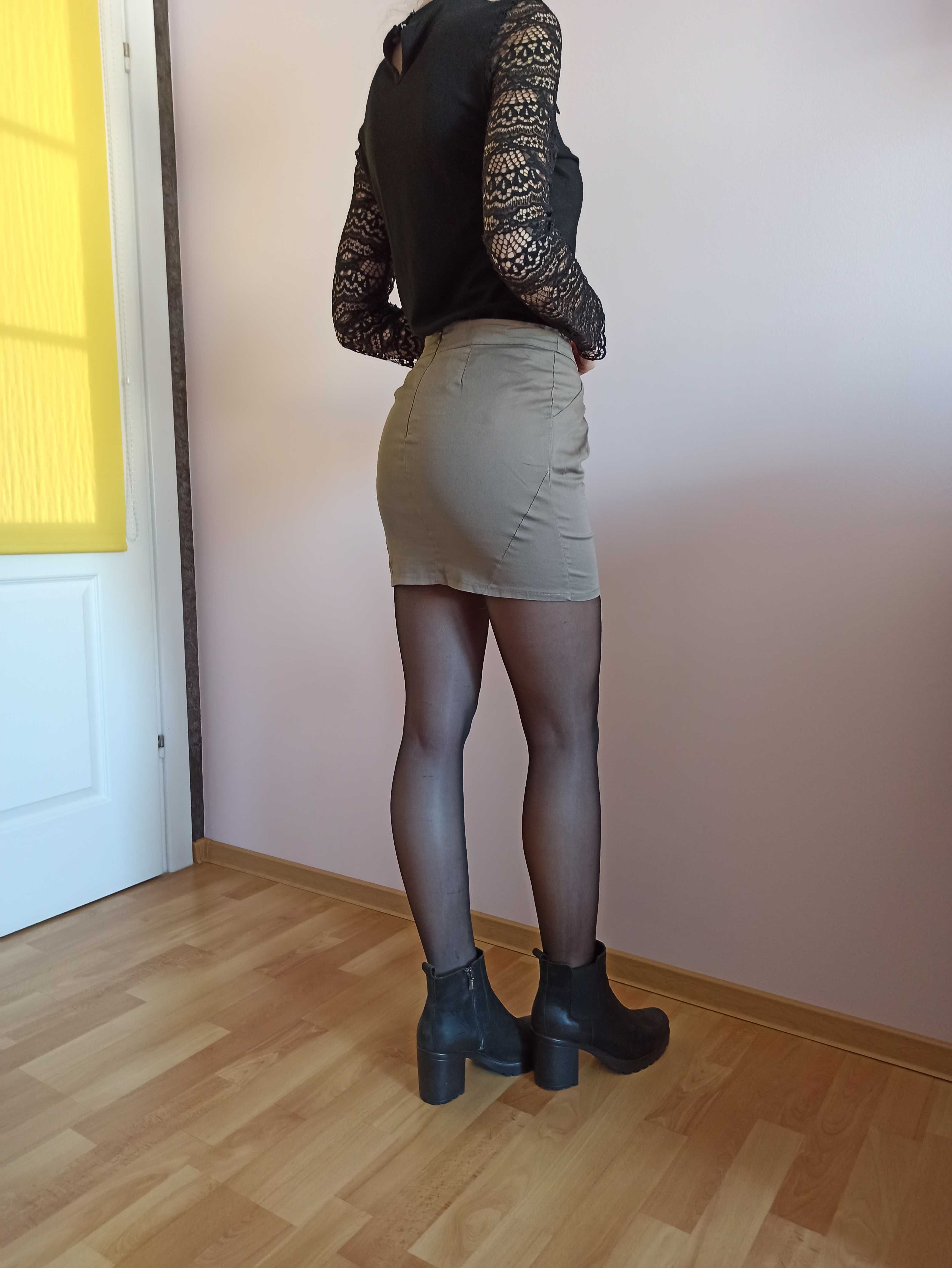 Mini beżowa wąska spódniczka z kokardką