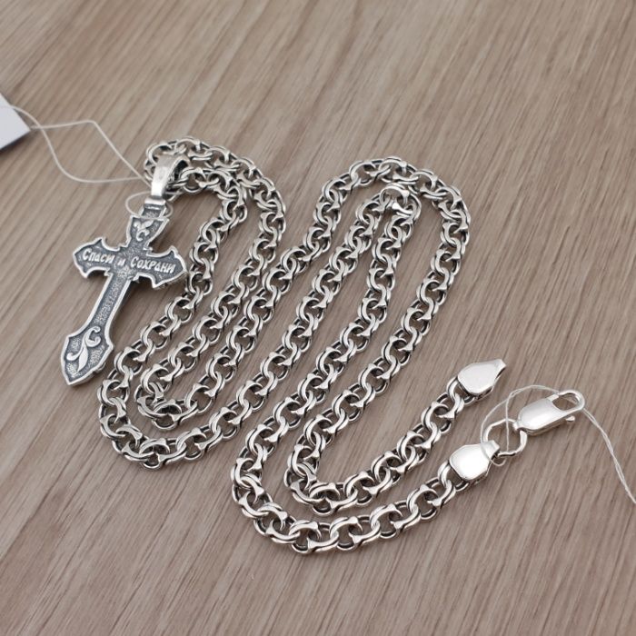 Срібний ланцюжок цепочка чоловічий з хрестиком 925 проби на шию
