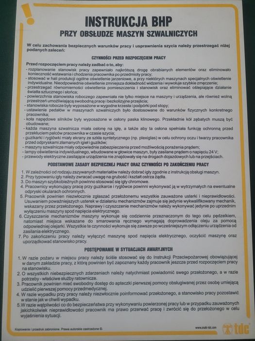 Instrukcja BHP przy obsłudze maszyn szwalniczych