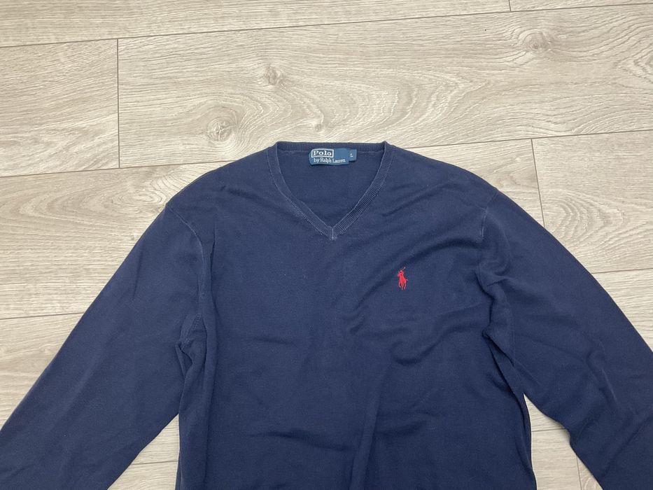 Ralph Lauren sweter męski L granatowy w serek bawełniany cienki