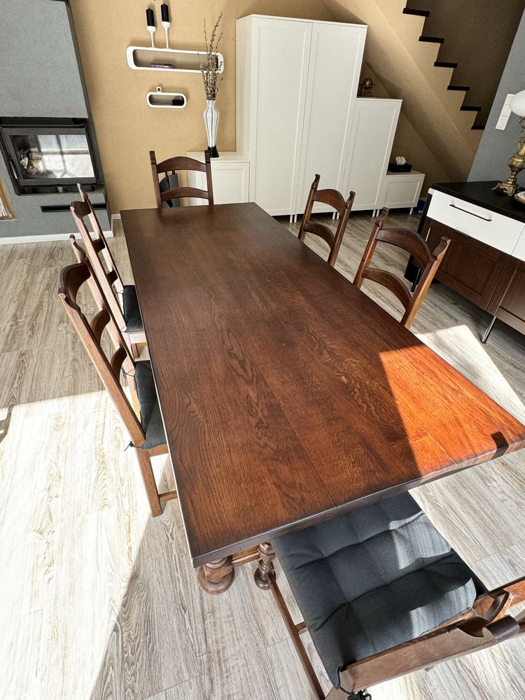 Stół rozkładany dębowy 220/320 cm, 6 krzeseł, lite drewno + gratisy