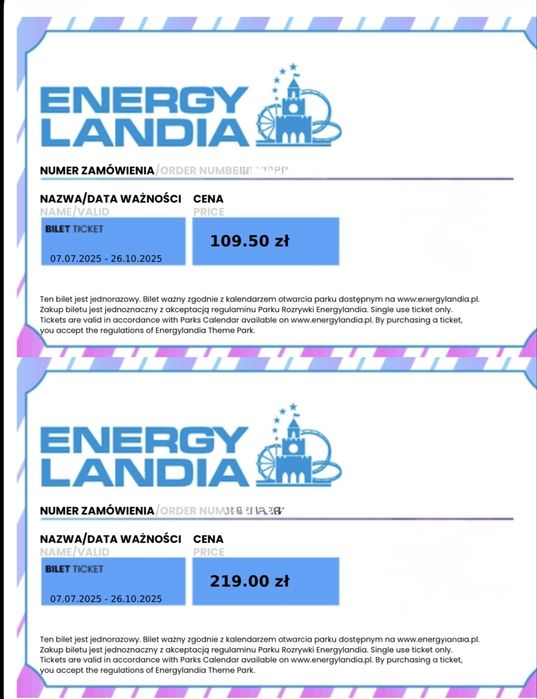 2 bilety normalne Energylandia