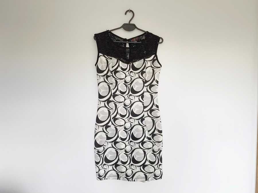 biało-czarna dopasowana sukienka ołówkowa we wzory z koronką * 36 S