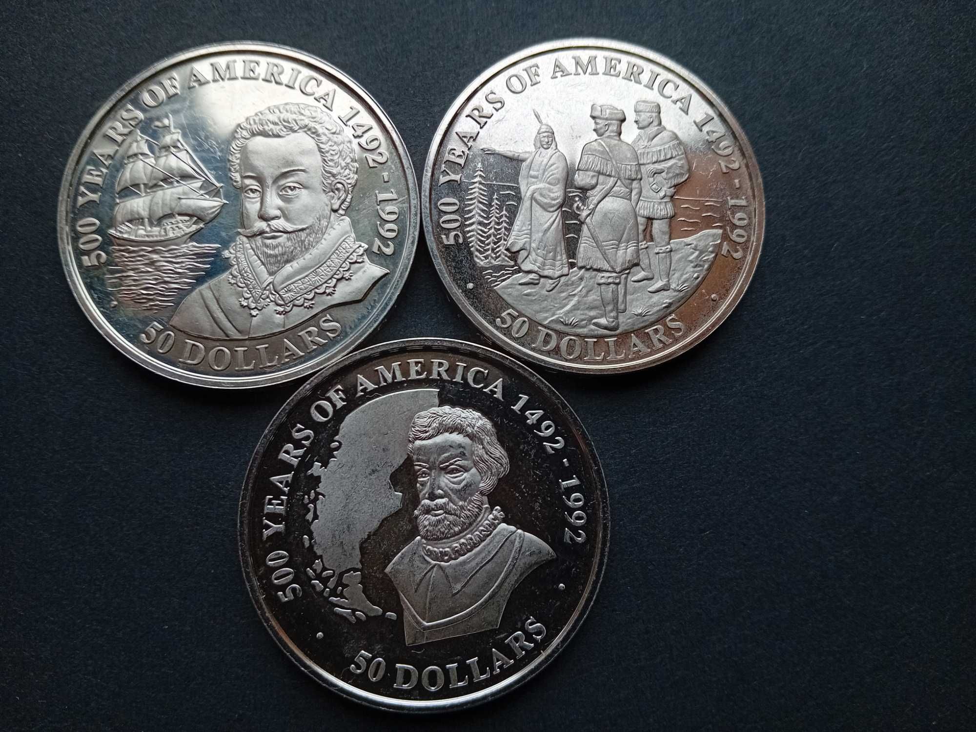 3 moedas 50 Dollars prata 0,999 1 onça 500anos América 89/90/92 novas