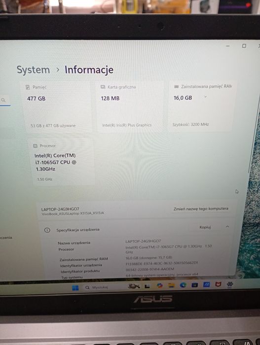 Laptop ASUS X515JA i7-1065G7/16GB/SSD 477GB/W11Home Komis Madej Tarnów