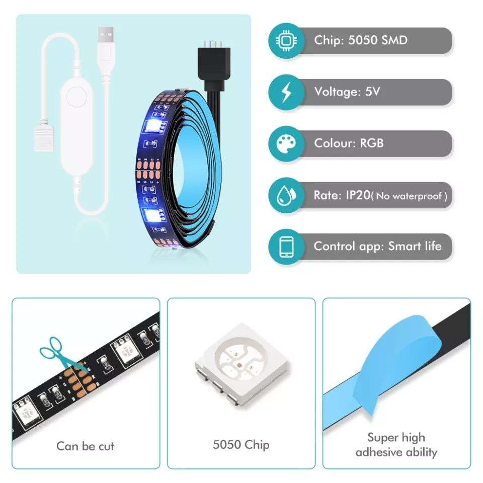 Лед стрічка usb WiFi 2м,5050 rgb led strip Tuya/светодиодная лента 2 м