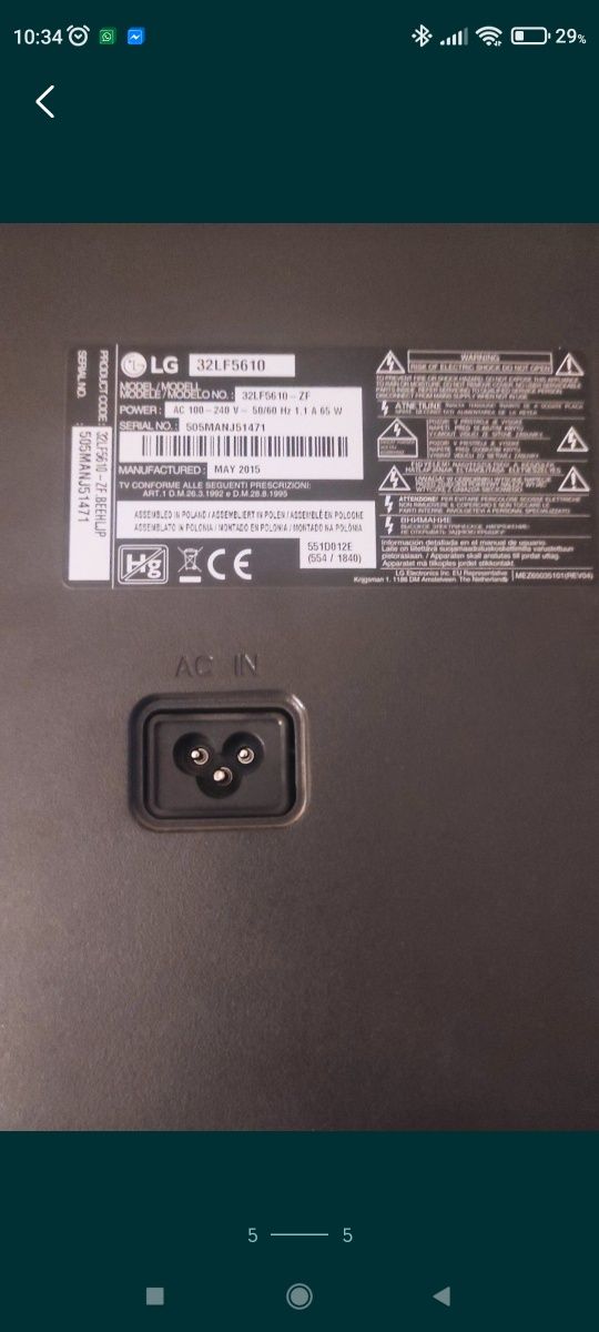 Kabel przewód zasilający LG