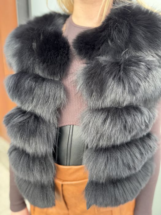Futro krótkie naturalne z lisa czarnego s/m kamizelka 2 w 1 nowe gęste