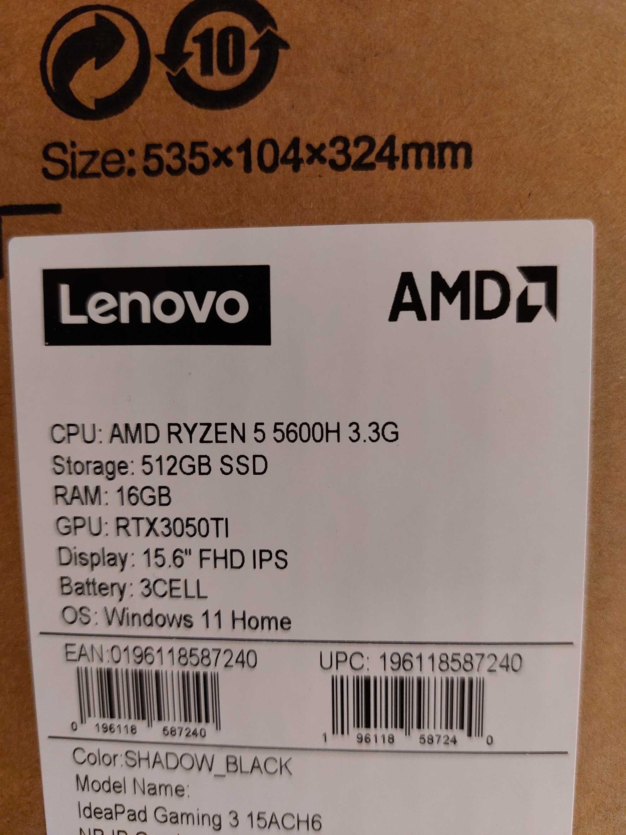Laptop Lenovo IdeaPad Gaming 3 Ryzen 5 5600H 16GB RAM RTX3050Ti Win11