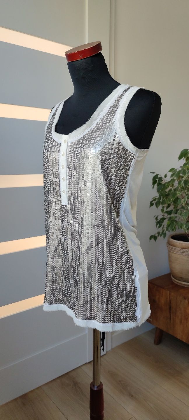 Bluzka top wyszywany srebrnymi cekinami Next S/36 100% wiskoza y2k