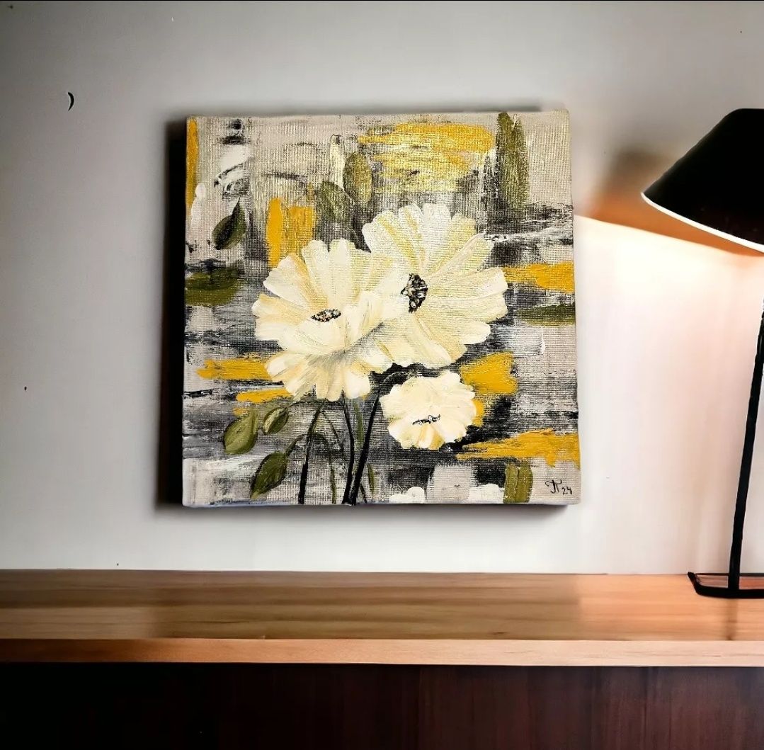 Quadro Pintura Á Mão sobre Tela Canva Flores Brancas 30x30 cm
