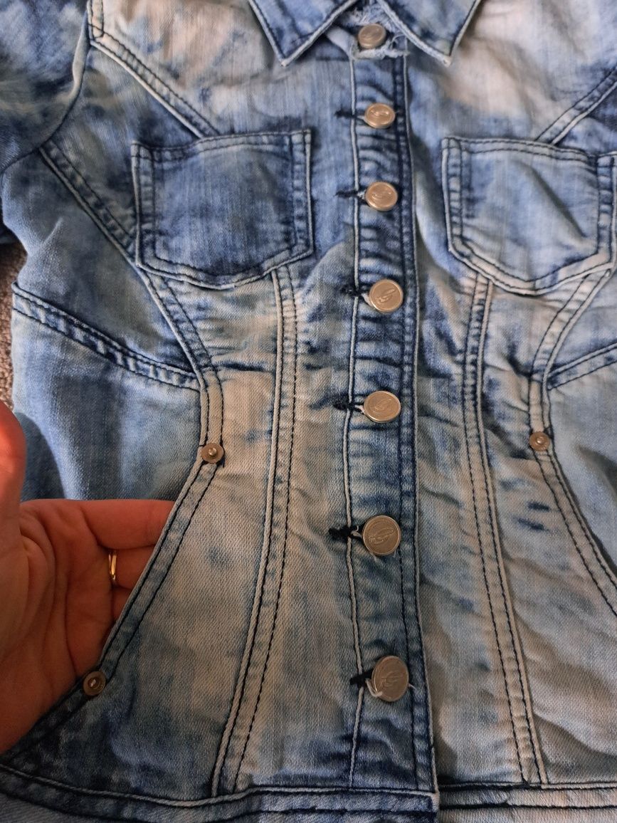Marmurkowa katana jeansowa kurtka taliowana marmurek XS S