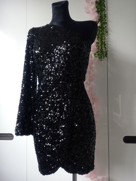 Sukienka Mini mała czarna cekiny Made in Italy 34, 36, XXS, XS bal wes