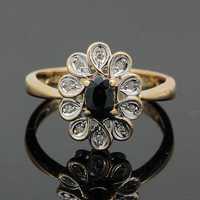 Złoty pierścionek z szafirem i diamentami uroczy kwiatek 9K