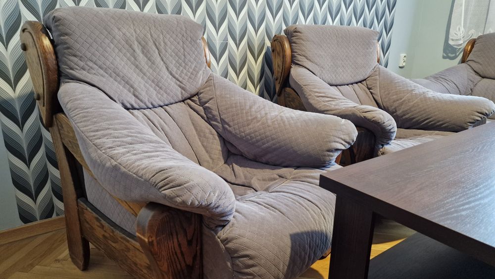 Zestaw wypoczynkowy dębowy, kanapa +2 fotele