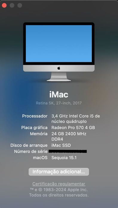iMac 27'' com 24Gb RAM + 500Gb SSD + HD 1Tb + rato e teclado Apple