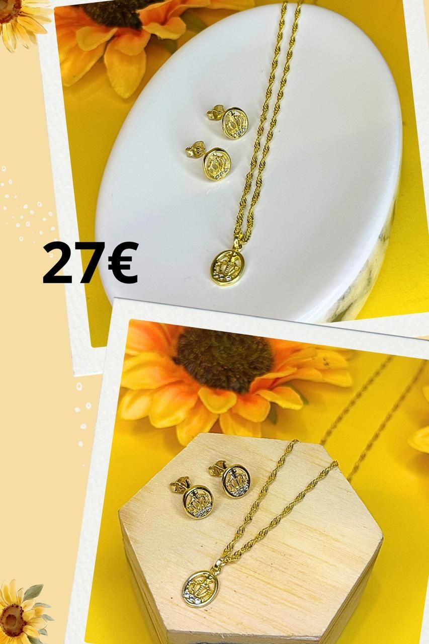 Conjunto coroa folheado a ouro 18, com zirconia semijoias de qualidade