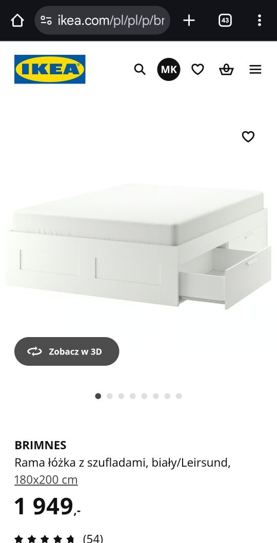 Ikea BRIMNES 180x200
Rama łóżka z szufladami, biały/Leirsund, 180x200