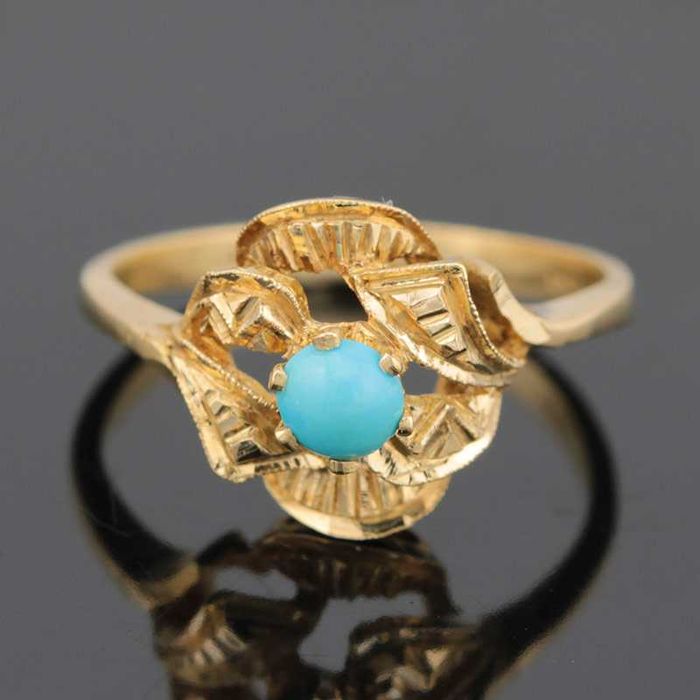 Złoty pierścionek VINTAGE z turkusem uroczy delikatny 14K