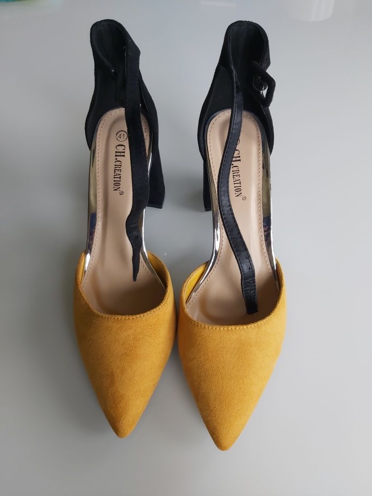 Buty czółenka słupek żółty czarny r 41 damskie