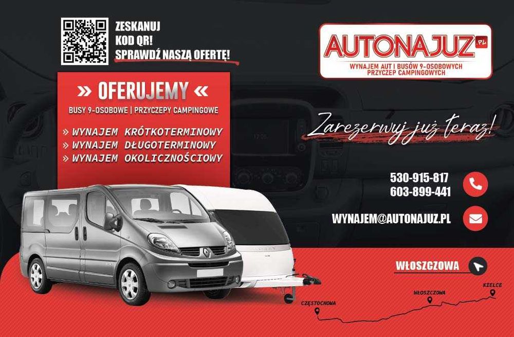 Wynajem - wypożyczenie busów 9-osobowych oraz przyczep kampingowych!
