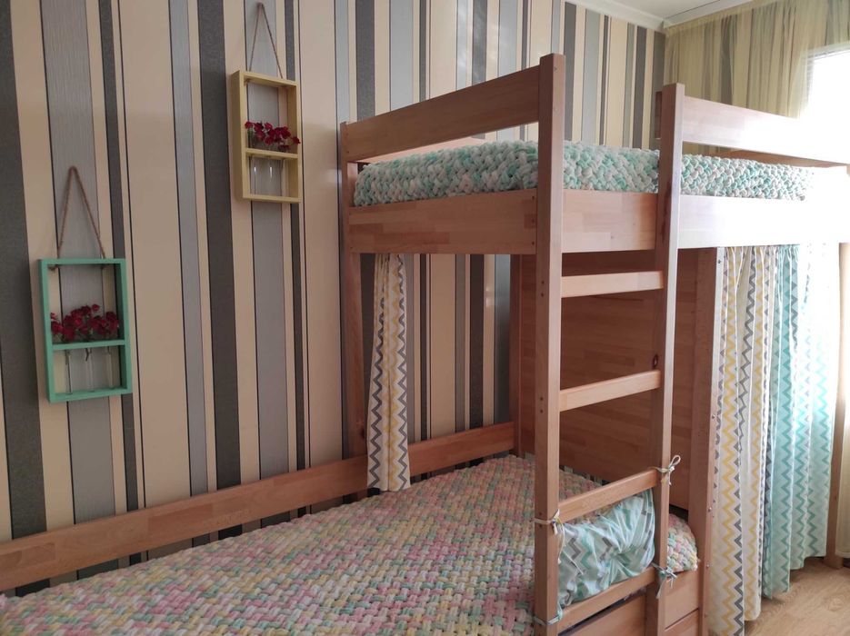 Двоярусне ліжко бук з шафою, шухлядою, дерев'яне дитяче ліжко, матрац