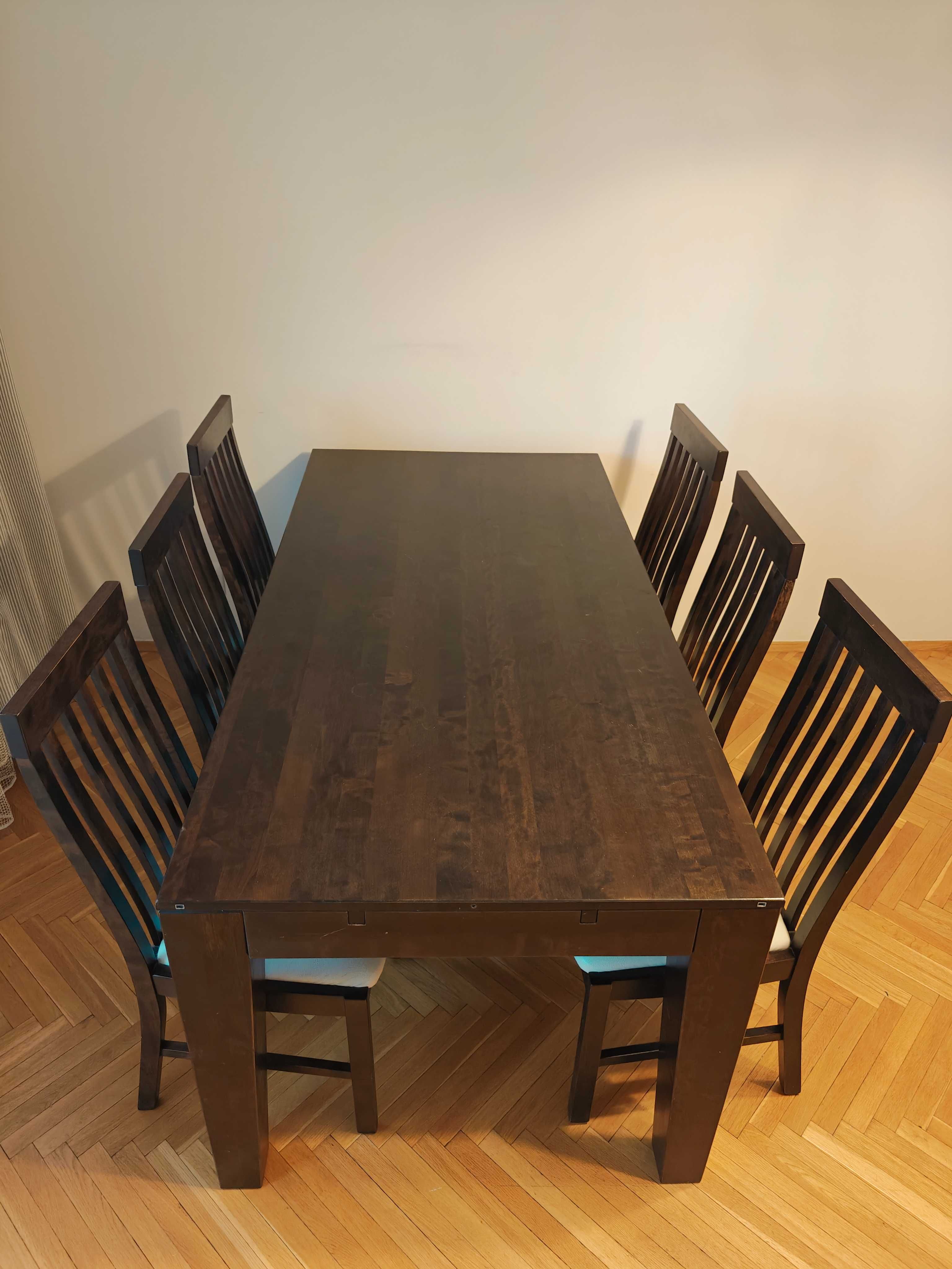 Komplet duży stół + 8 krzeseł + 2 dostawki - lite drewno szlachetne