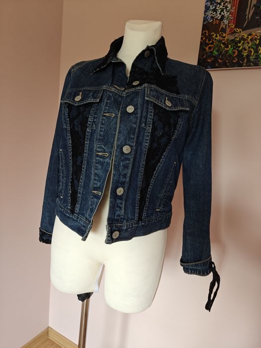 Kurtka ramoneska jeansowa dżinsowa narzutka cyrkonie koronkowa 38 M