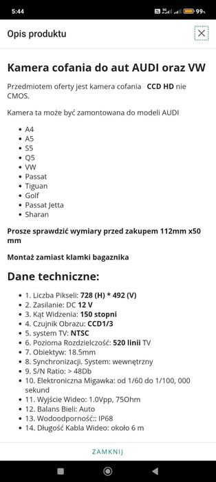 Kamera cofania wv audi