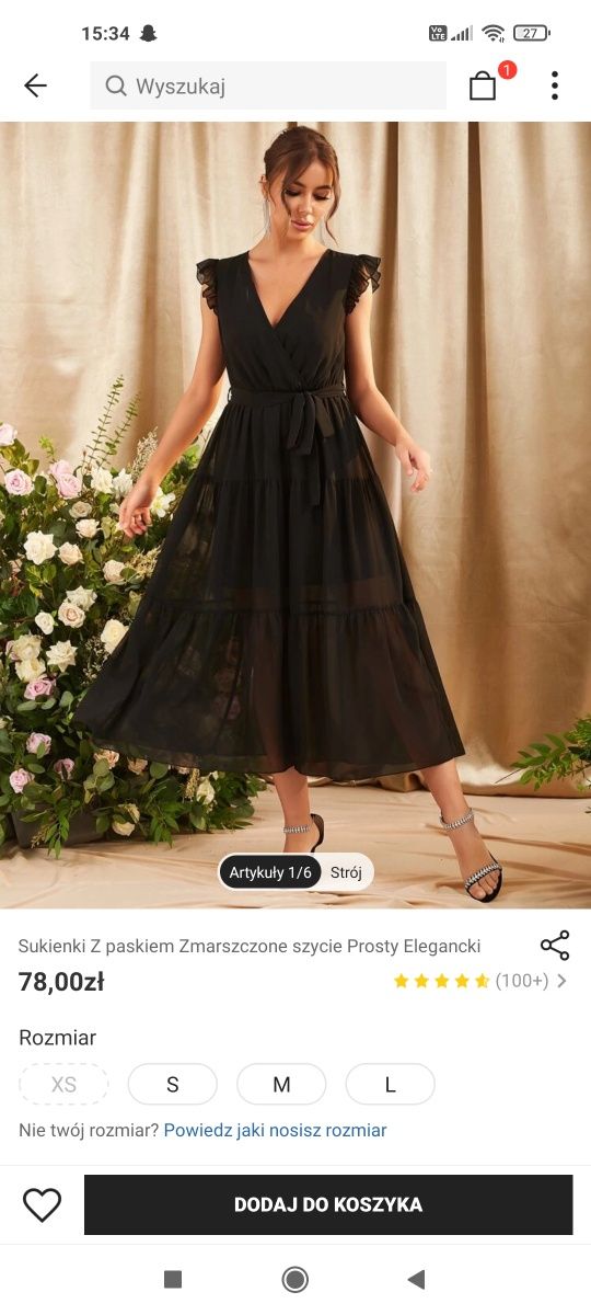 Sukienka NOWA czarna S 36 M 38 długa, zwiewna, dekolt V