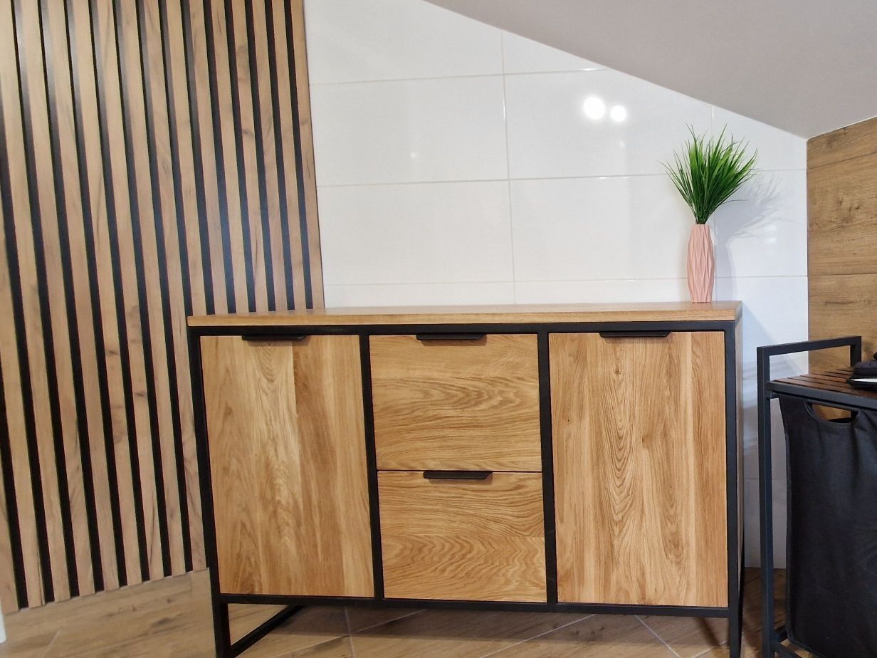 Komoda dębowa loft, lite drewno dąb, konsola z szufladami/drzwiczkami