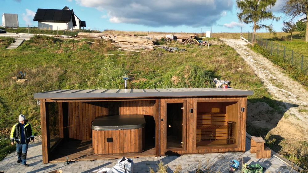 SAUNA ogrodowa PREMIUM 7,5M X 2,5M PIEC WI-FI, prysznic