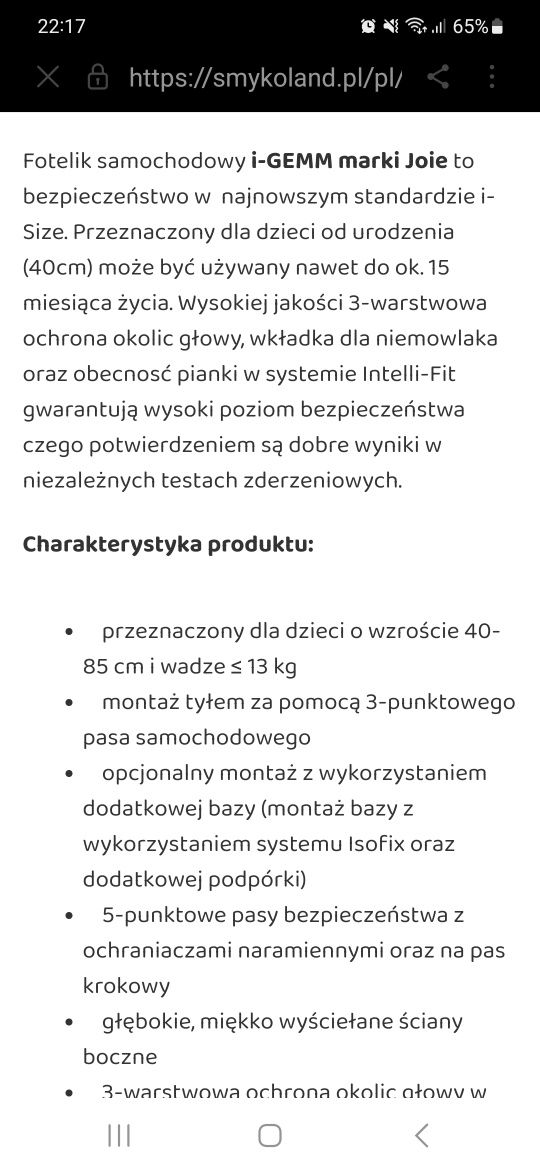 Fotelik samochodowy Joĺe 0-13 kg z bazą Isofix