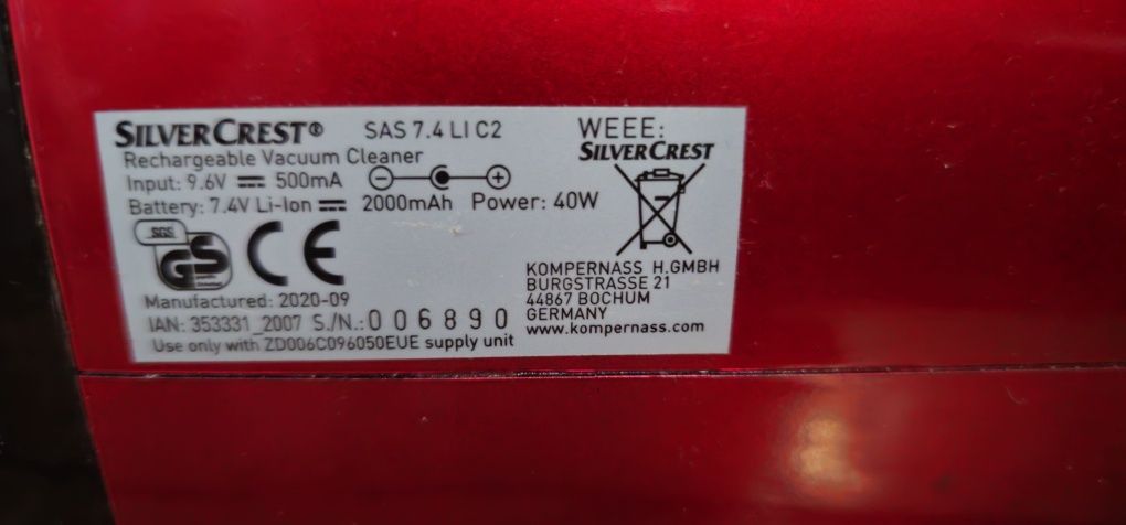 Odkurzacz akumulatorowy ręczny silvercrest SAS 7,4