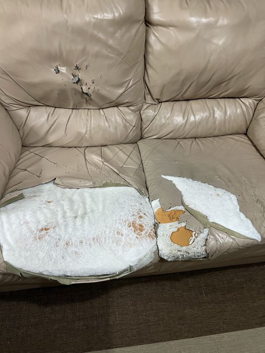 Sofá em pele , se encontra rasgado , mas a estrutura está excelente .