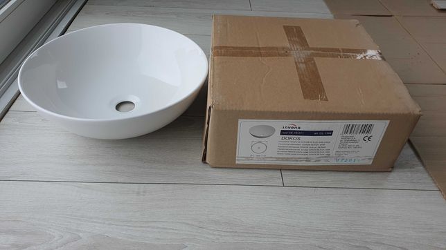 Nowa okrągła umywalka nablatowa Invena DOKOS 40 cm biała, połysk