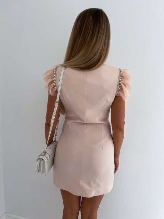 Elegancka sukienka dwurzędowa z perełkami tiulowe rękawy - Nowa