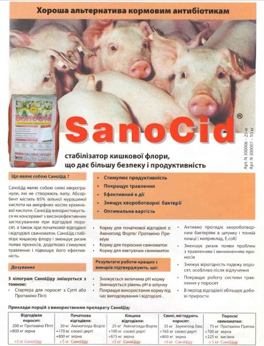 Сано (Sano) премікси, БВМД (концентрати), кормові добавки для свиней