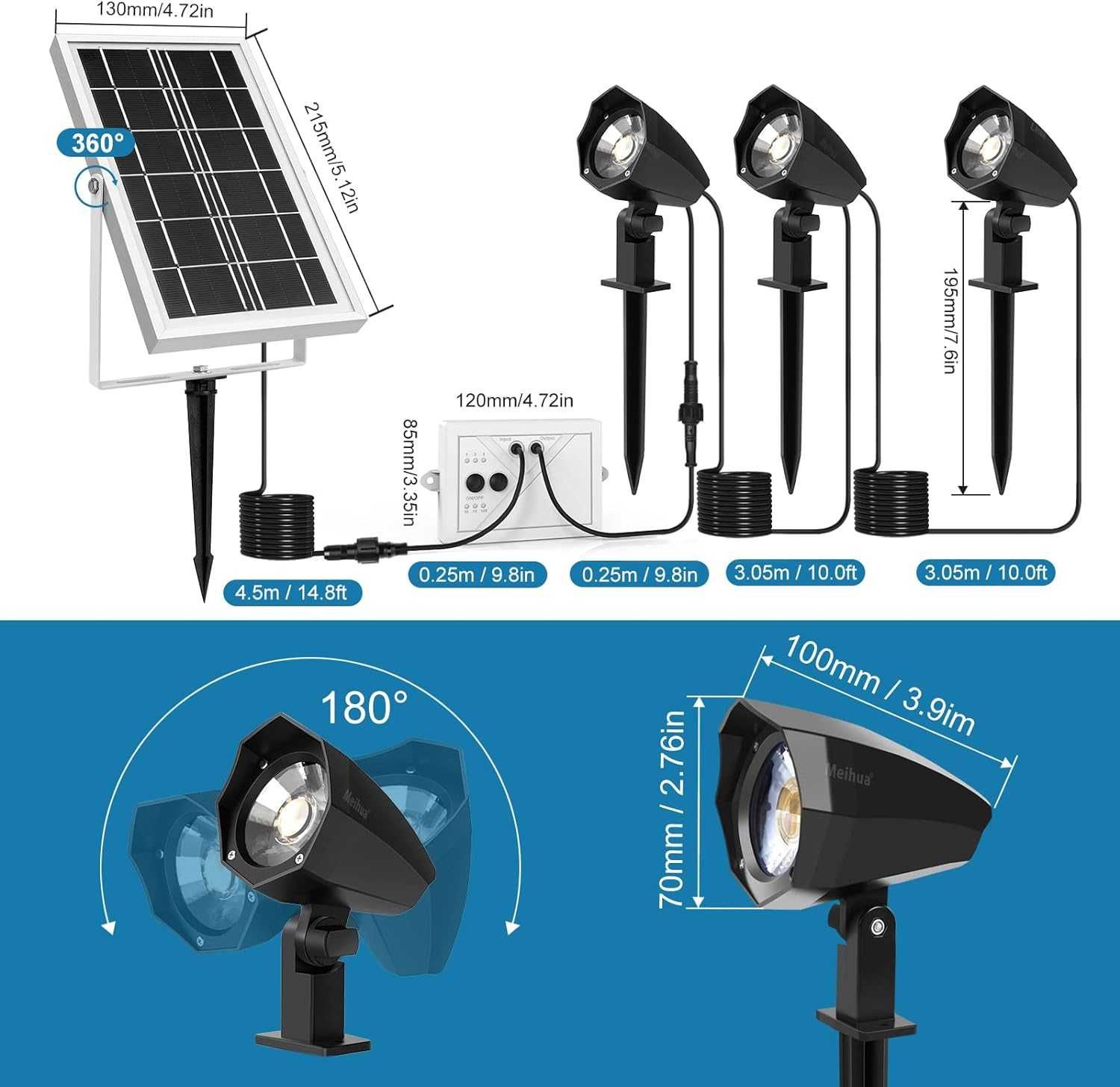 MEIHUA Lampa solarna 3 szt. IP66, wodoszczelna, do użytku na zewnątrz