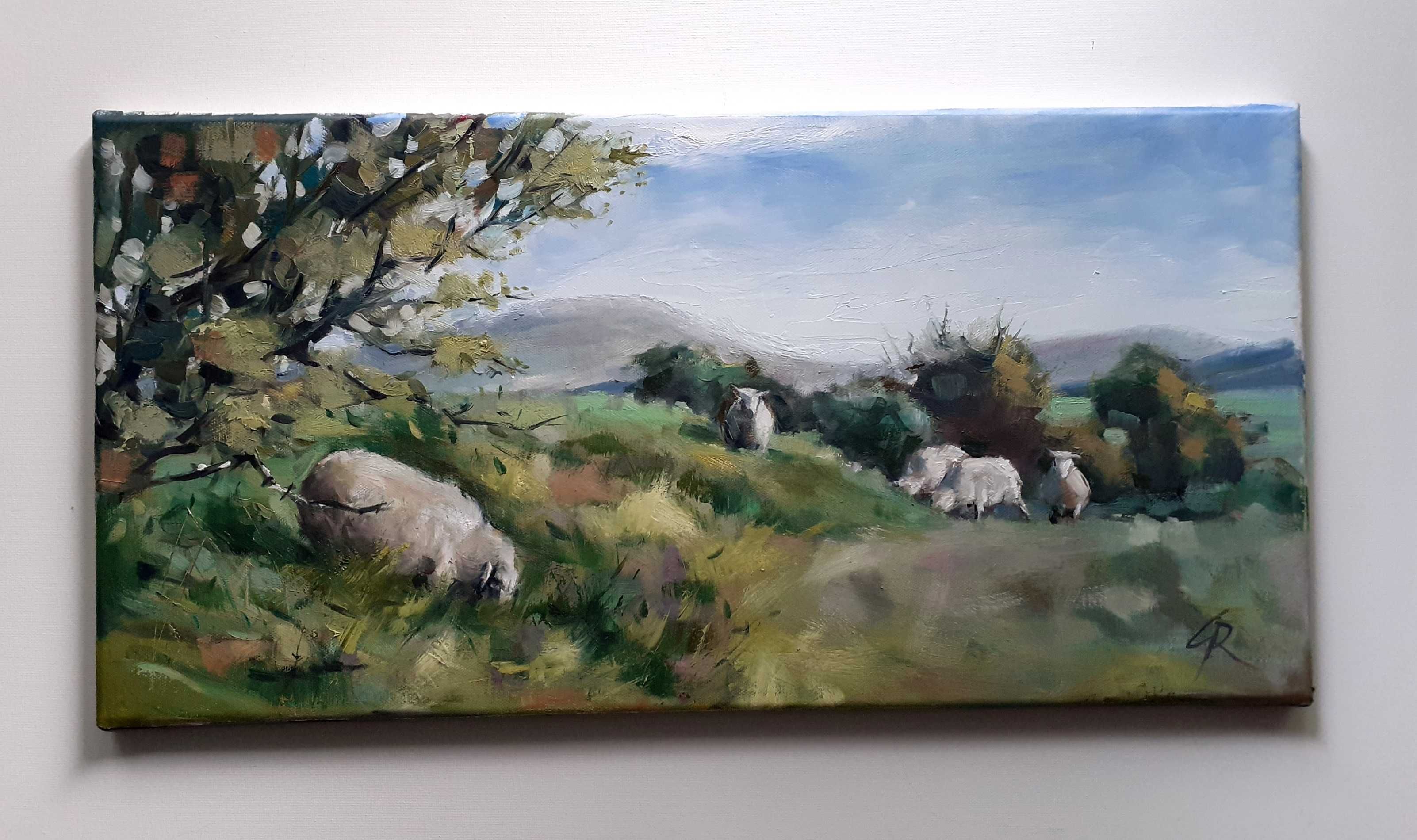 Pejzaż z owcami. Obraz olejny na płótnie 30x60 cm