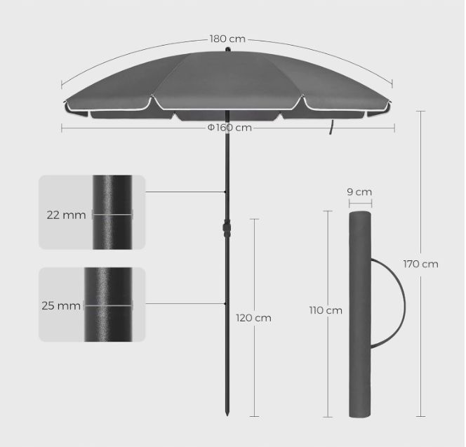 Songmics Parasol Na Plażę, Ø 160 Cm, Parasol Ogrodowy Gpu060G01 Szary
