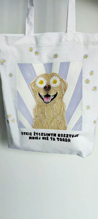Torba bawełniana biała z pieskiem Golden Retriever ręcznie malowana