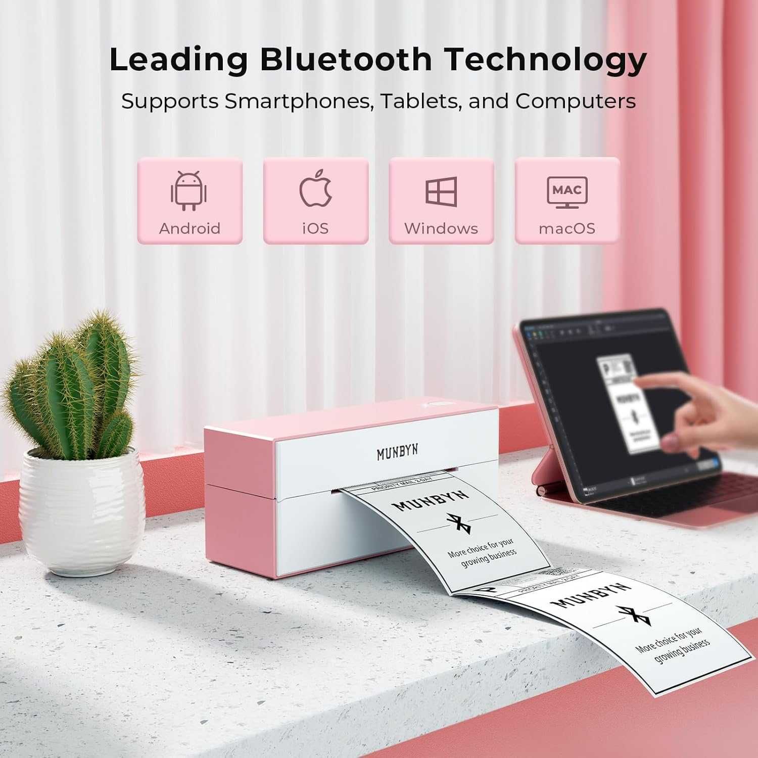 MUNBYN RealWriter 129B Termiczna drukarka etykiet Bluetooth | Różowa