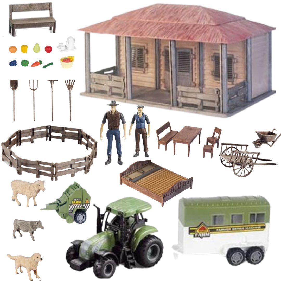 zestaw farma rolnika domek gospodarz traktor zwierzęta narzędzia